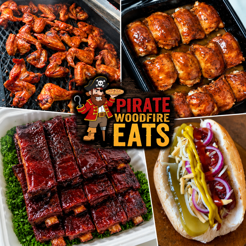 Pirate Woodfire Eats wings, chicken, ribs and a sausage roll